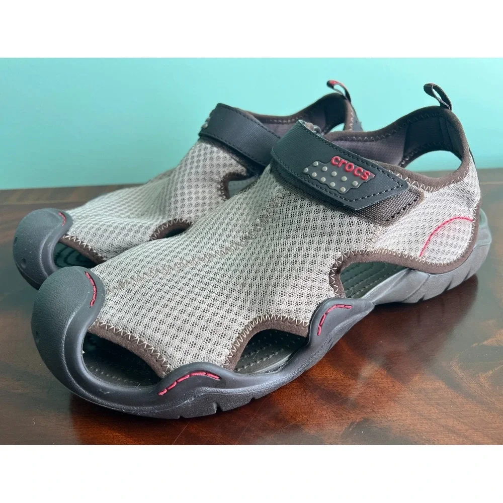 Crocs Swiftwater Mesh Deck Sandals Mens 12 Brown Water Hiking Shoes 15041